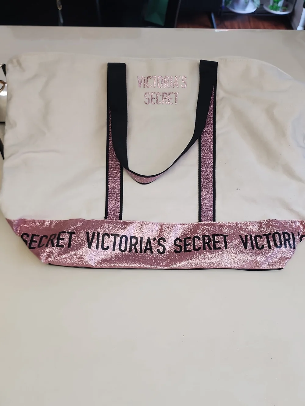 Victoria's Secret White Tote with Pink Glitter Trim